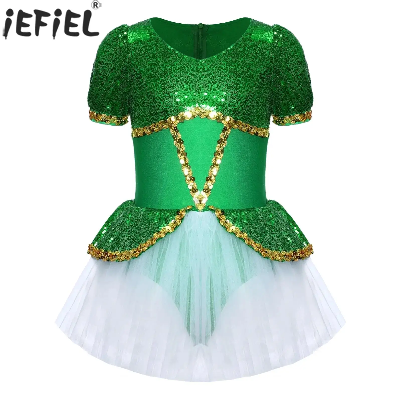 

Children Girls Short Sleeve Shiny Sequin Ballet Dance Tutu Leotard Dress Halloween Party Flower Fairy Forest Elf Cosplay Costume