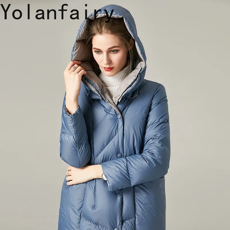 Yolanfairy 2025 nova moda para baixo jaqueta mulher jaquetas de inverno com capuz solto parkas quente casulo em forma de casaco puffer casacos de comprimento médio
