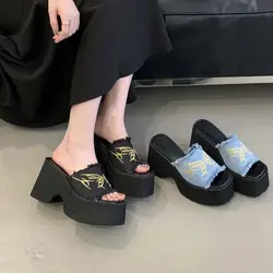 Womens Chunky Heels Slippers Green Platform Heels Gladiator Sandals Ladies Denim Embroider Summer Shoes Femme Sandalen Dames