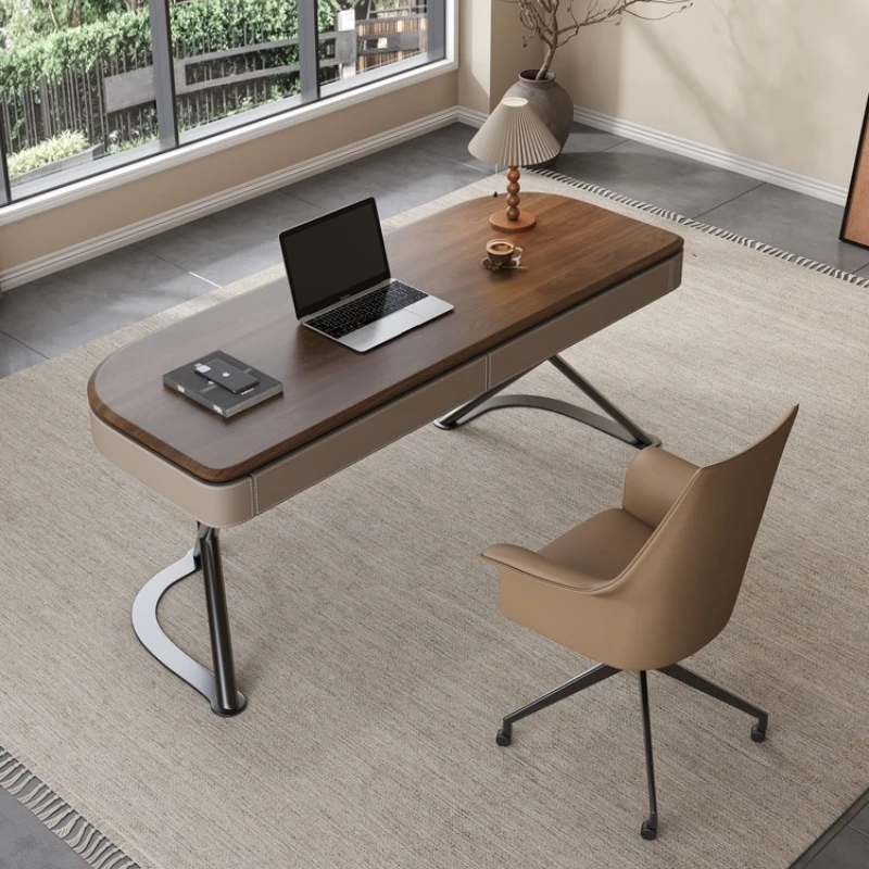 Desk light luxury modern simple saddle leather home study bedroom walnut leather office computer desk