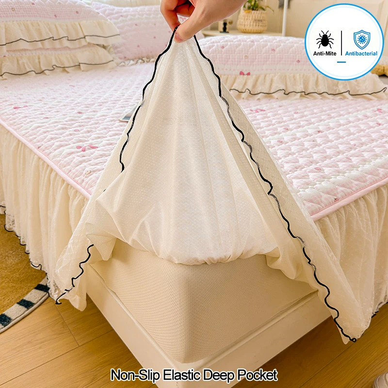 Ruffle Lace Bed Skirt Fitted Mattress Cover, Quilted Anti-Mite Antibacterial Bed Fitted Sheet, Deep Pocket Elastic Non-Slip