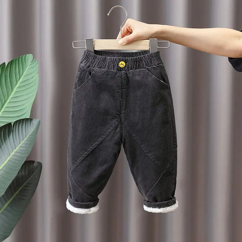 Winter Kids Fleece Thick Cargo Pants Boys Solid Corduroy Sweatpant 1-7Y Young Children Casual Clothes Autumn Girls Warm Leggings