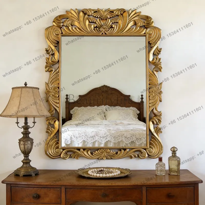 Französischer Retro-Luxus-Badezimmerspiegel, geschnitzter Schminkspiegel, Wanddekorationsspiegel für den Haushalt