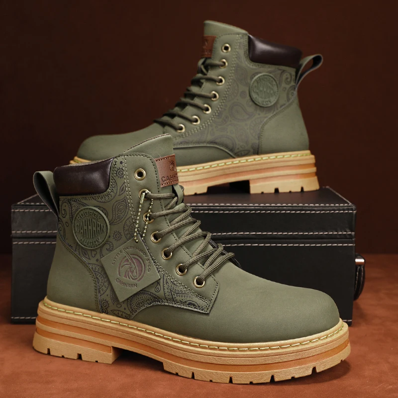 

Green Motorcycle Shoes Man Design Platform Men's Ankle Boots Non-slip Outdoor Biker Boots Men Tooling Shoes botas para hombre