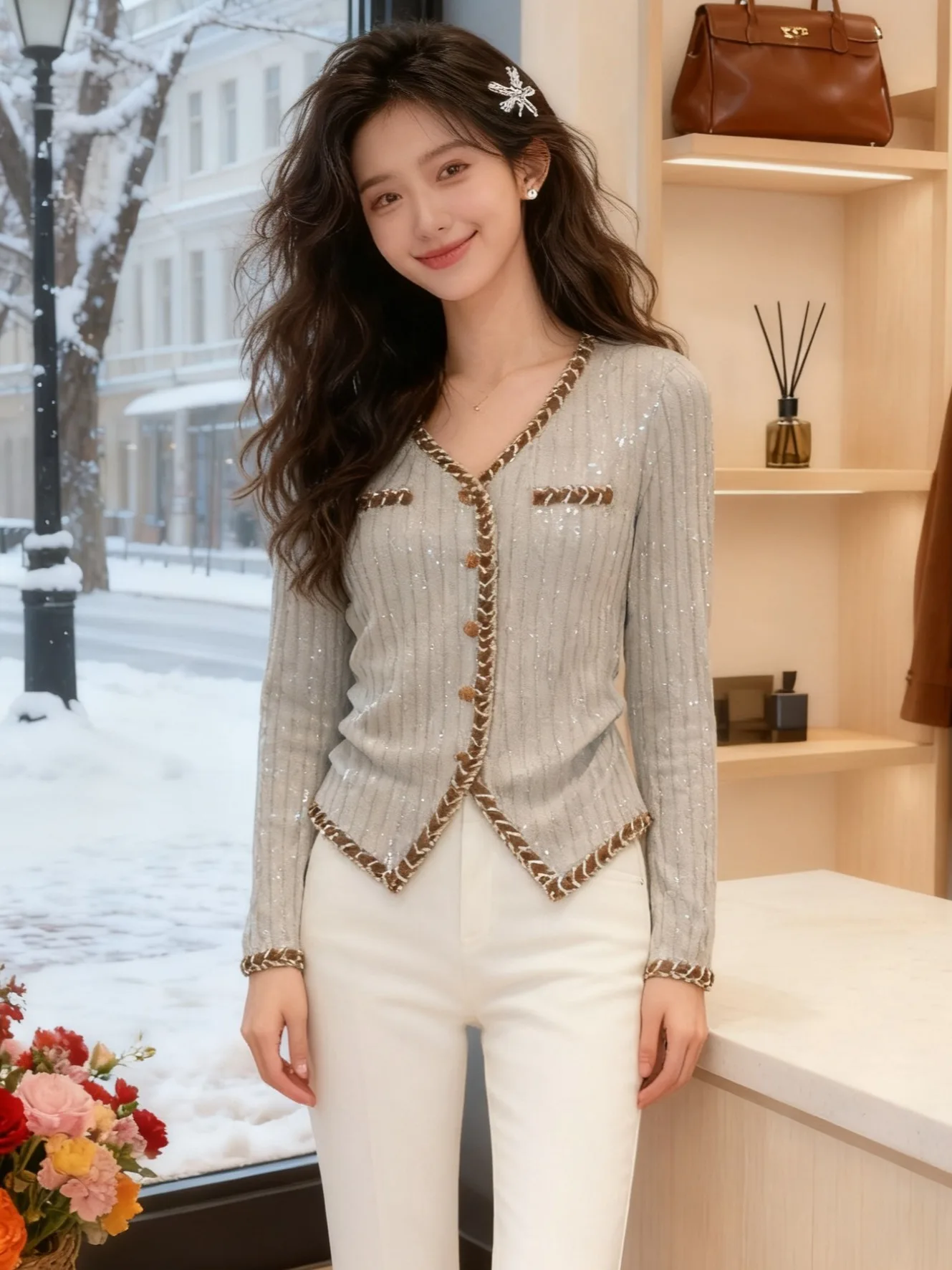 

plus Size V-Neck Knitted Open Cardigan Women's Retro Sweater Long Sleeve Waist-Cinching Top Fashionable Spring Korean Style