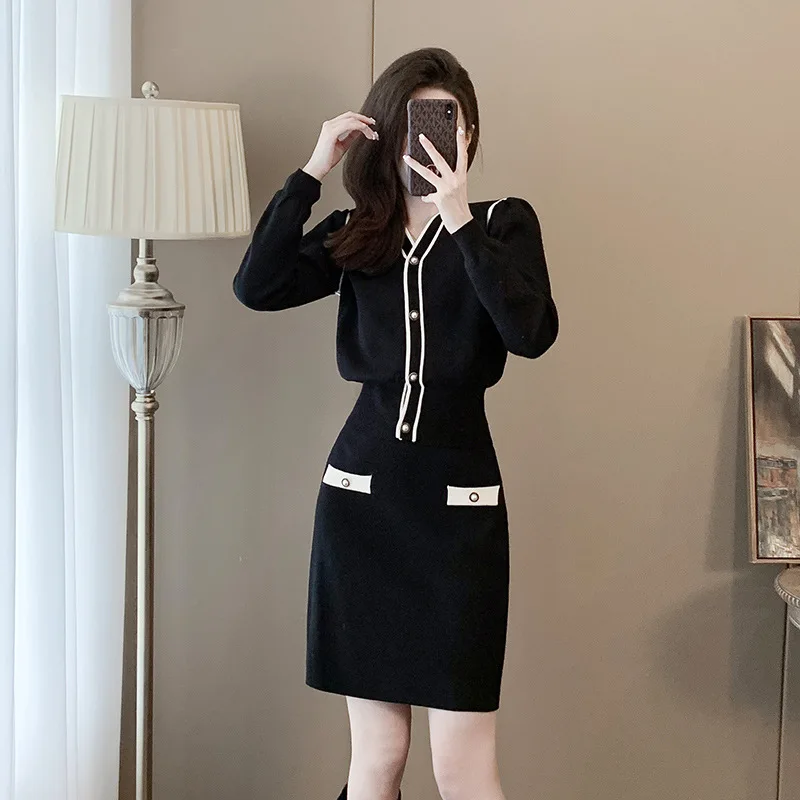 

Женский маленький ароматный стиль, вязаный комплект из 2 предметов, кардиган с v-образным вырезом, свитер, куртка, юбка трапециевидной формы с высокой талией, повседневная одежда