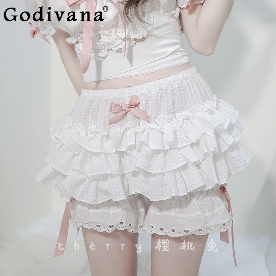 

Japanese Lolita Pumpkin Pants Girly Harajuku Kawaii Bow Lace Ruffles White Safety Short Pants Women Loose Slim Elegant Leggings