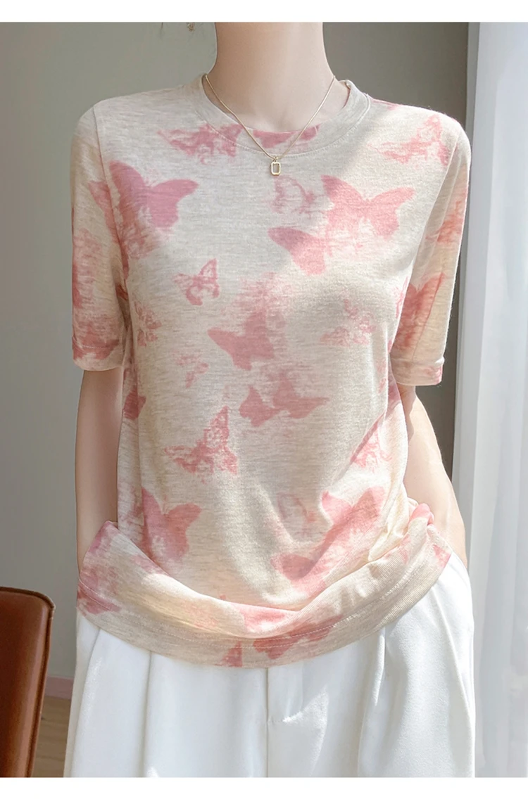 Summer New Women's Round Neck Printed Knitted Short-Sleeved Thin T-shirt Loose Bottoming Shirt