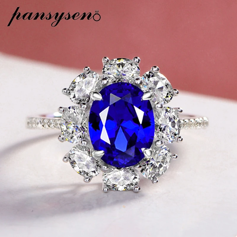 PANSYSEN Vintage 925 Sterling Silver 2CT Oval Cut Ruby Sapphire High Carbon Diamond Wedding Engagement Ring Fine Jewelry Gifts