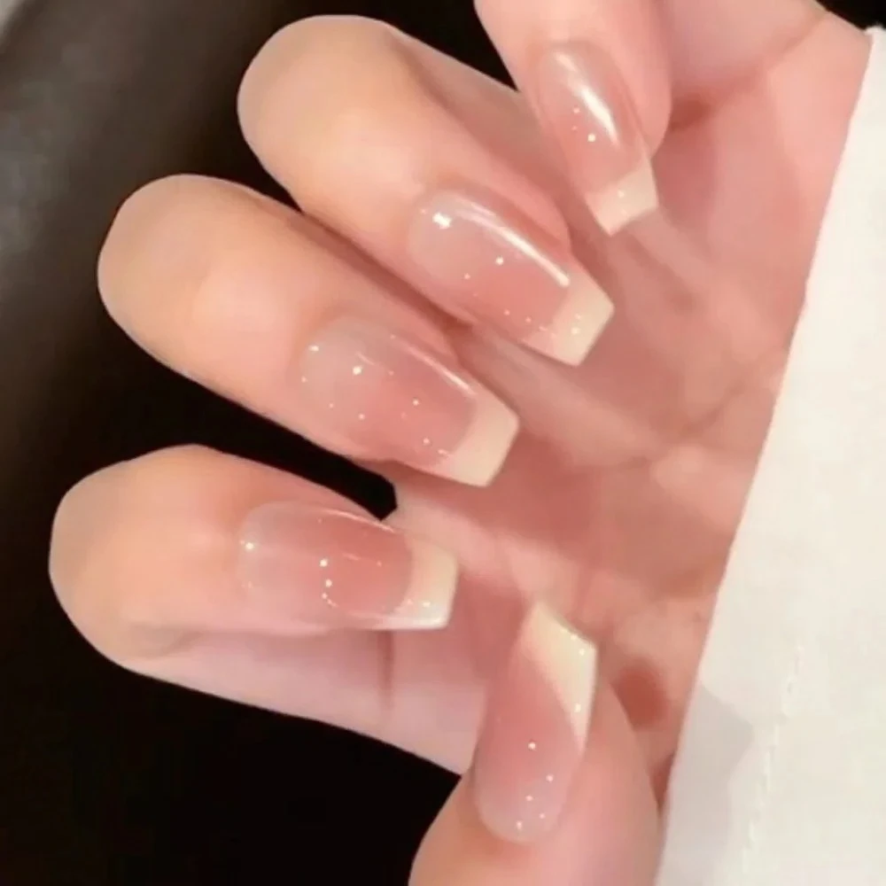 

French Simple Shiny Glitter Powder Ballet False Nails Art Almond Fake Nails Cat Eye Stiletto Flower Long Pointed Press on Nails