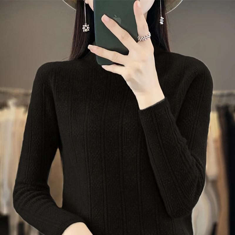 2025 New Leading Jacquard Knitted Woolen Sweater.   Spring and Autumn Women's Semi high neck Pullover Solid Color Base Shirt Top