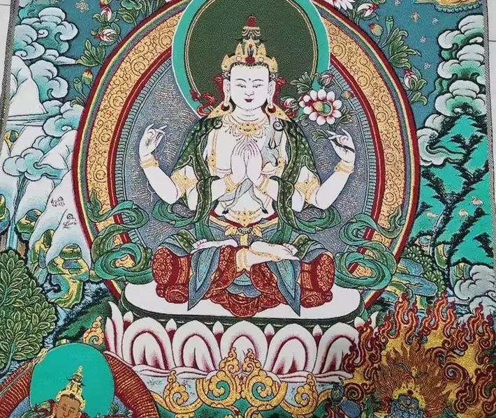 Four-Armed Avalokiteshvara Thangka Embroidery Tibetan Buddhism Silk Buddha Decorative Painting Wall Decor