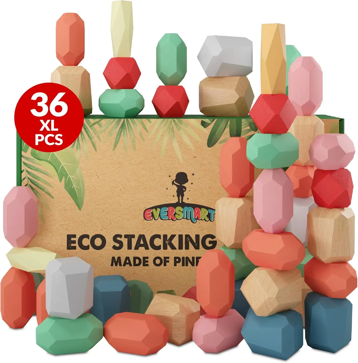 

36 Pcs Wooden Stacking Blocks - Montessori Toys for Toddlers 1-6 Years, Safe Sensory STEM Building Stones
