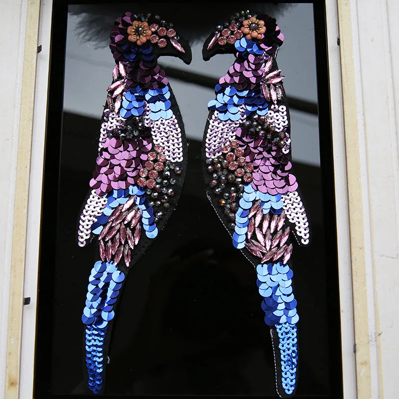 1pair Bird beaded sequined applique patch sew on patch embroidered cartoon patch sweater decoration patch for clothing parches