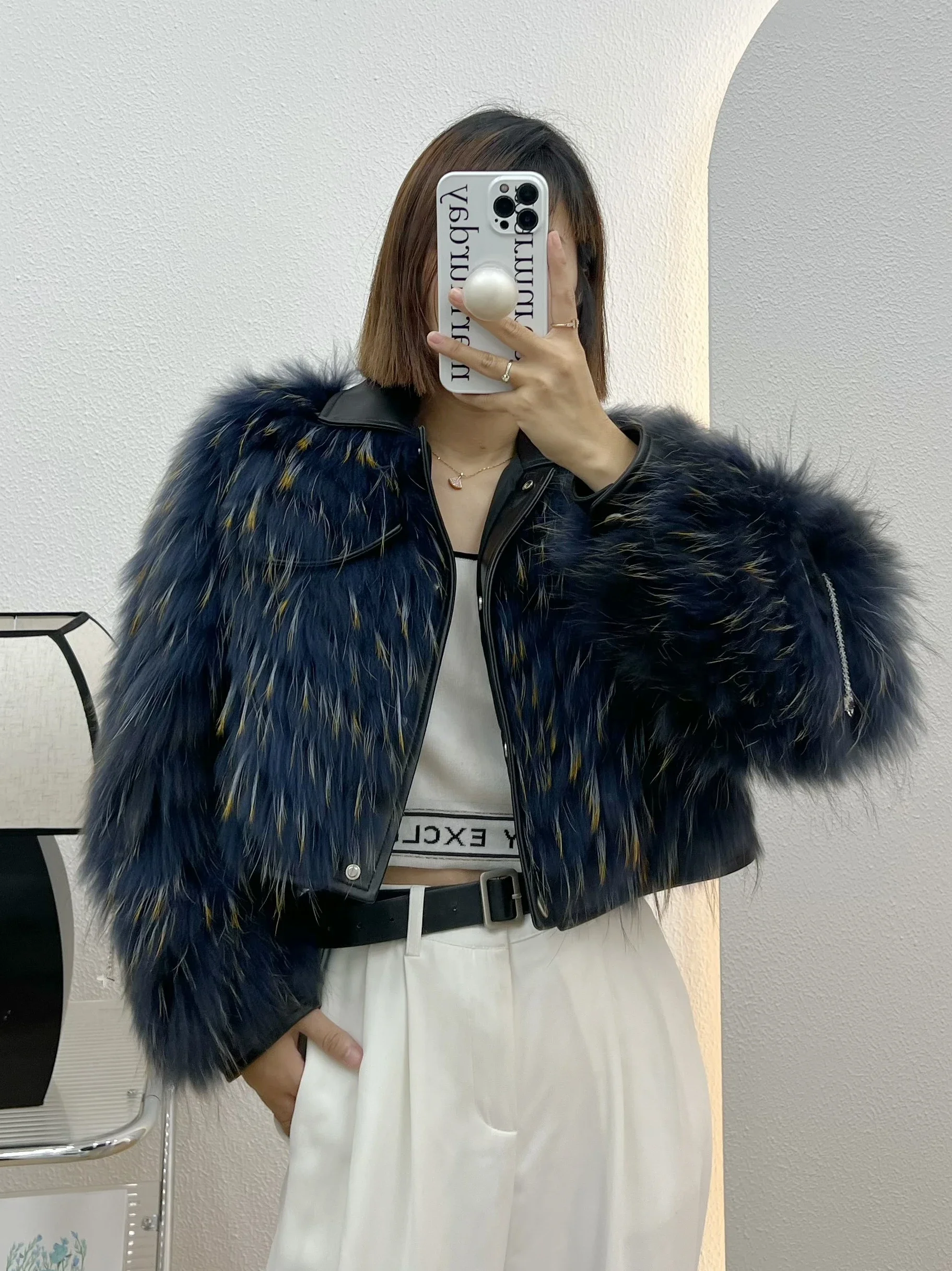 Woven Racoon Fur Coat Female 2023 Autumn Winter Short Sheepskin Lapel Locomotive Fluffy Real Fur Jacket for Women Moto & Biker