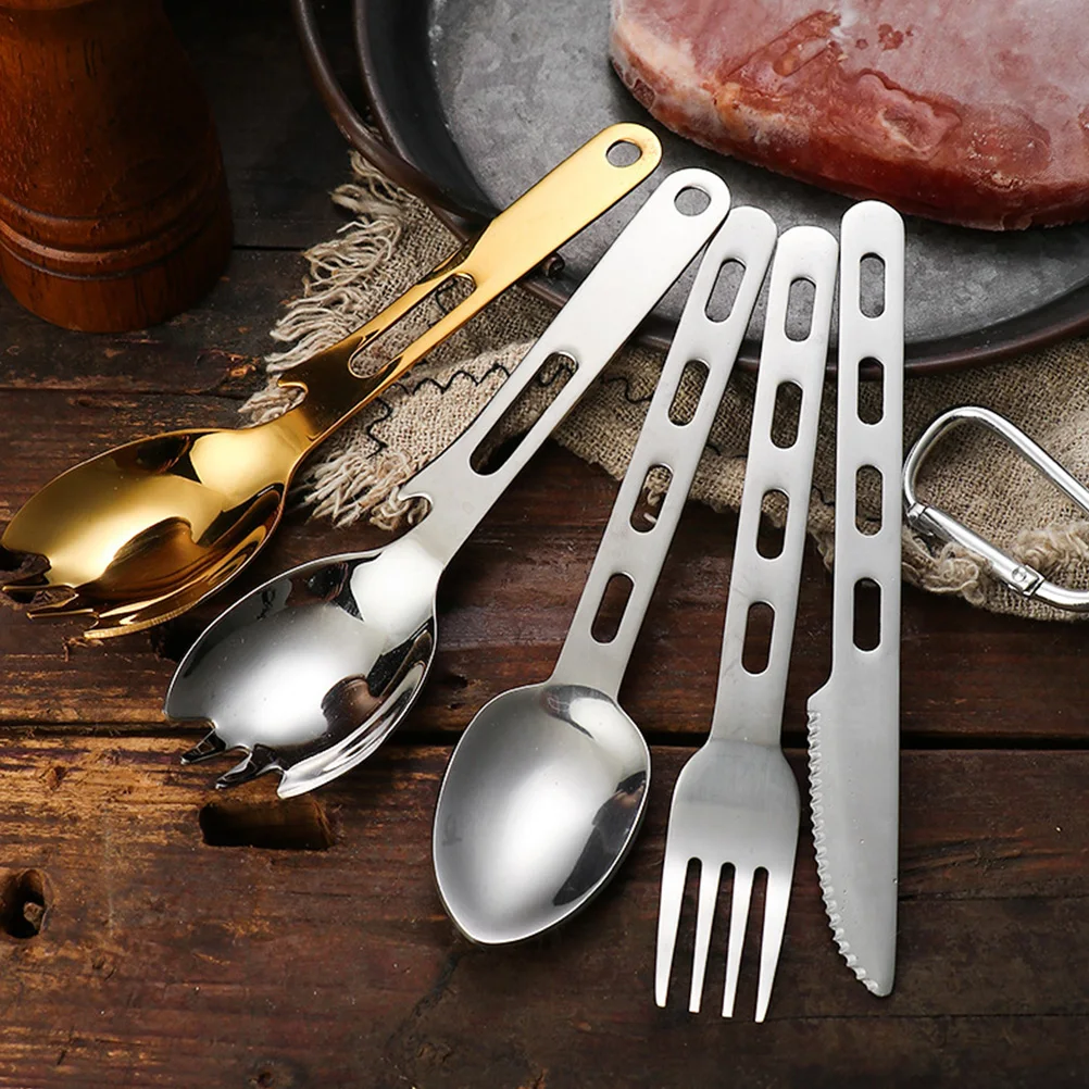 

2pcs Multi Spoons Stainless Steel Sporks Reusable Camping Fork Spoon Combine Can Opener Reusable Outdoor Dining Set