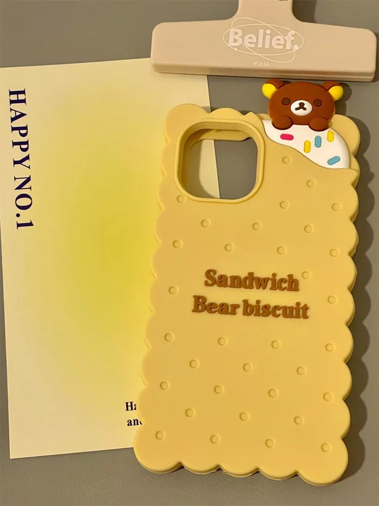 Cute Funny Rilakkuma Bear Biscuit Case for IPhone 16 15 14 13 12 11 Pro Max Soft Silicone Shockproof Coque Fashion Protect Cover