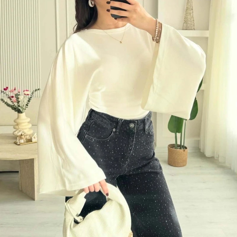 

2026 New European and American Cross-border Women's Design Bat-sleeve Pleated Slim Waist Short T-shirt Shirt Top