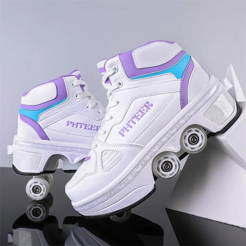 Pu-Leder Kinder 4-Räder Rollschuhschuhe Casual Deformation Parkour Sneakers Skates für Runden Erwachsene von Laufsportschuhen