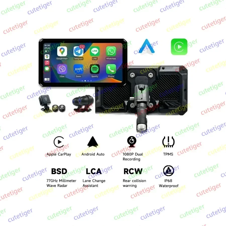 

Auto Dual Recording Dash Cam With 6 Inch Touch Screen 77GHz BSD AlienRider M2 Pro Motorcycle CarPlay Navigation Android