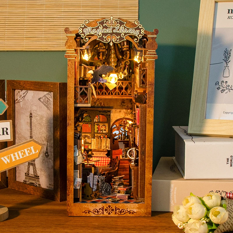 Magical DIY Book Nook Kit บ้านตุ๊กตาขนาดเล็กพร้อมไฟ LED 3D ปริศนาอาคารชั้นวางหนังสือไม้ Bookend ของเล่นผู้ใหญ่ของขวัญ