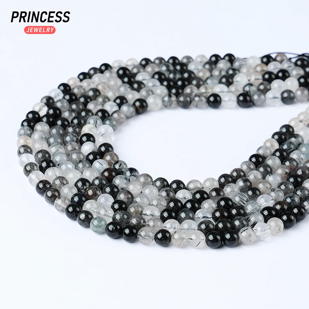 A++ Natural Black Rutilated Quartz Crystal 6-10mm Loose Beads for Jewelry Making Bracelet Stone Beads DIY Accessories