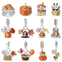 Autumn New 925 Sterling Silver Brown Maple Leaf Pumpkin Bee Charms Bead For Pandora 925 Original Bracelets DIY Jewelry Warm Gift