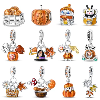 Herfst Nieuwe 925 Sterling Zilver Bruin Esdoornblad Pompoen Bee Bedels Kraal Voor Pandora 925 Originele Armbanden DIY Sieraden Warm Gift