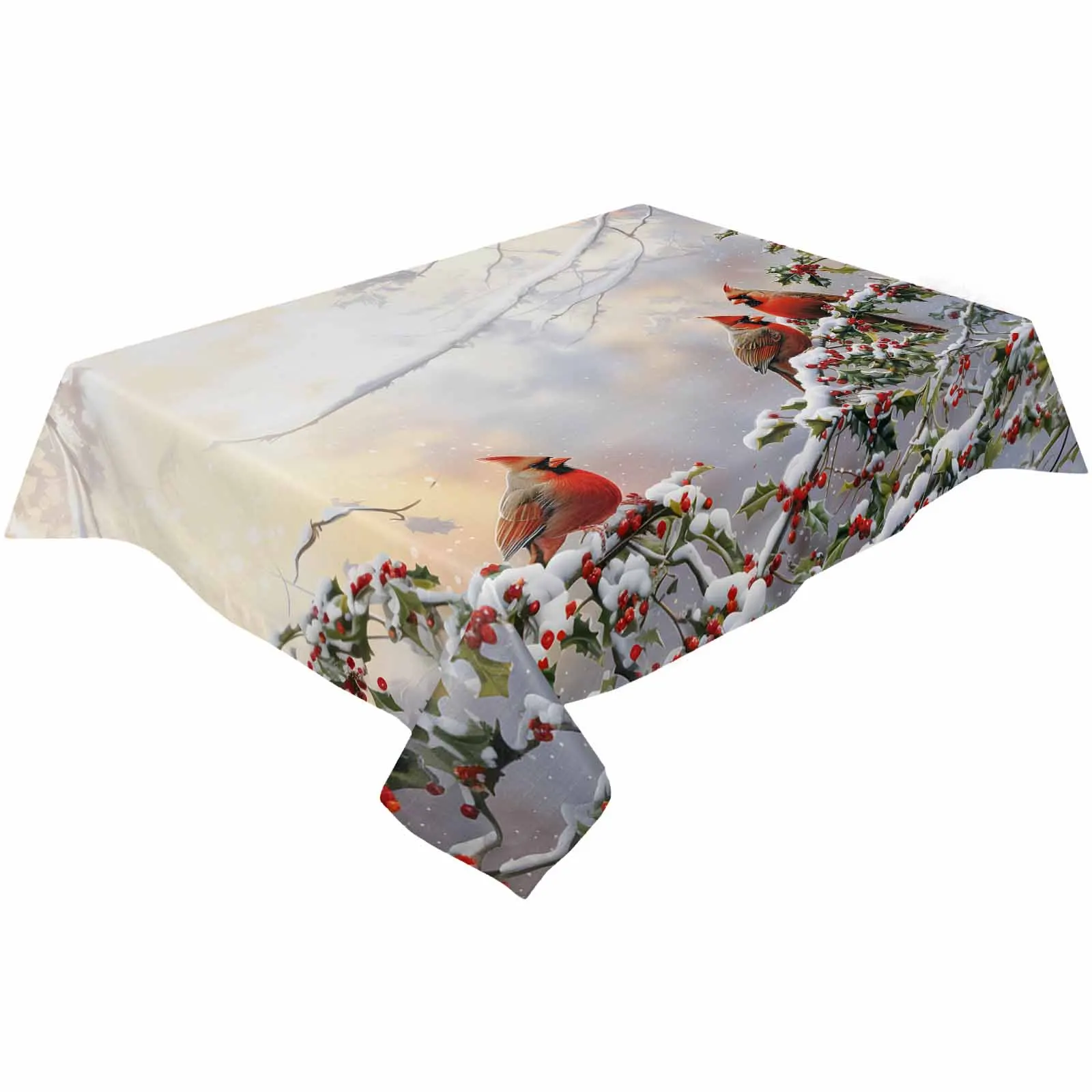 Winter Snowy Scenery Forest Cardinals Berries Tablecloth Waterproof Dining Table Rectangular Round Table Cover Kitchen Decor