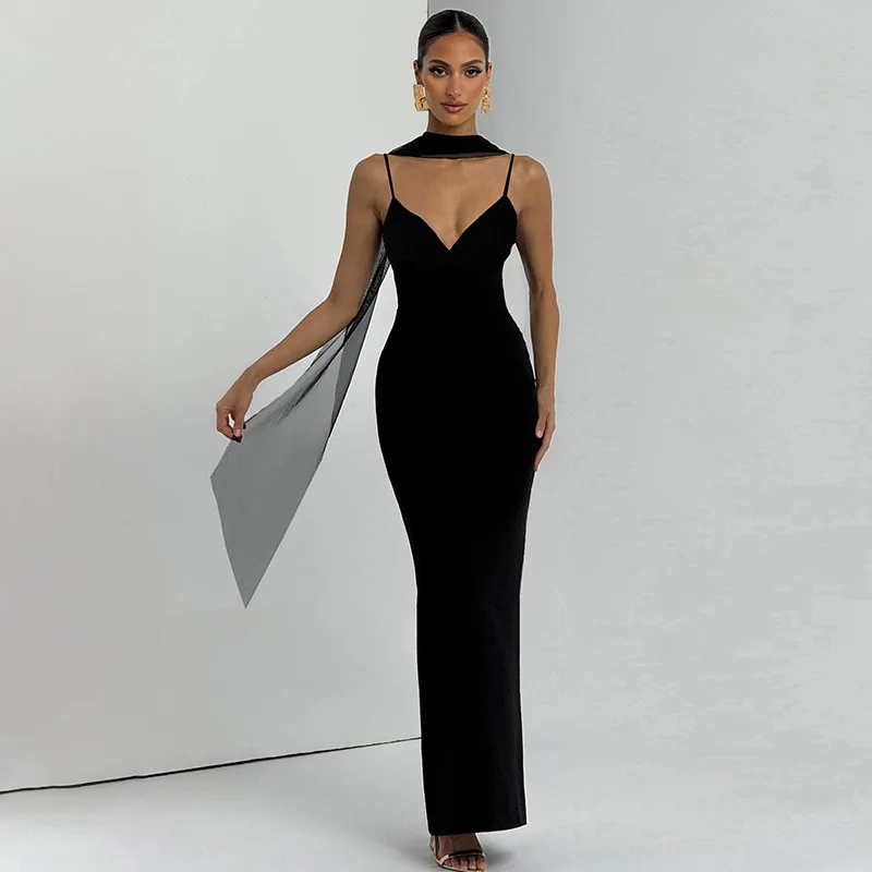 暗号化ネックスカーフリボン付きスリップマキシドレス、女性用プロムガウン、エレガントなクラブパーティースリーブレススリットドレス、ボディコン服