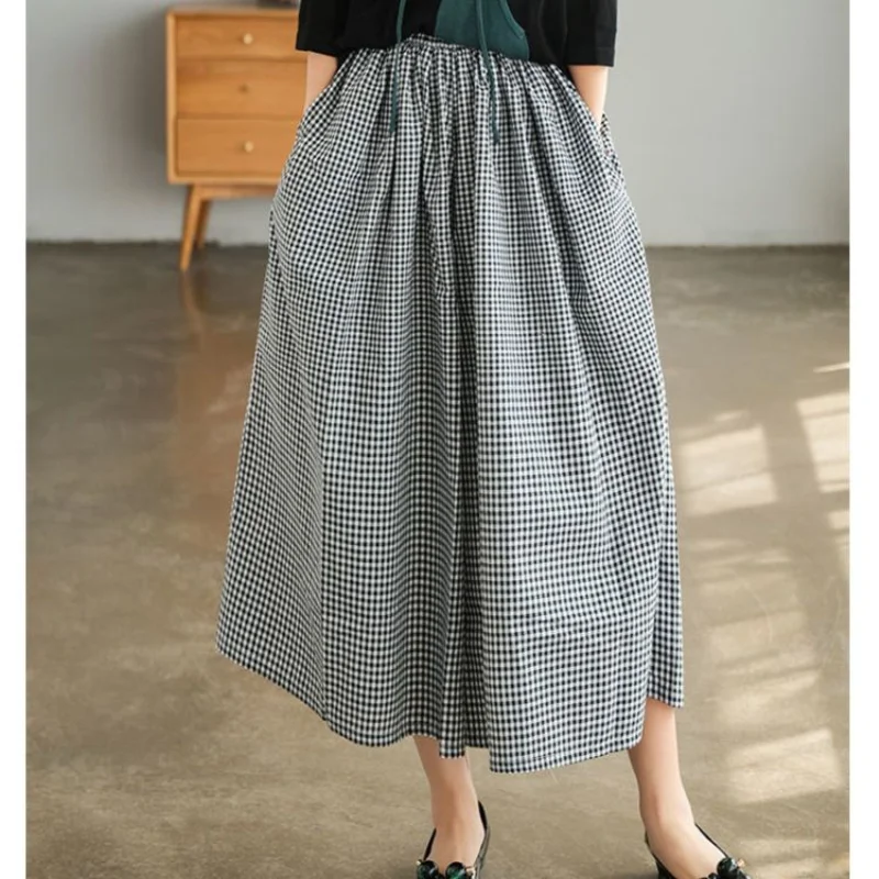 Vintage Plaid Loose Wide Leg Pants Summer New Elastic Waist All-match Casual Straight Pants Fashion Harajuku Women Clothing