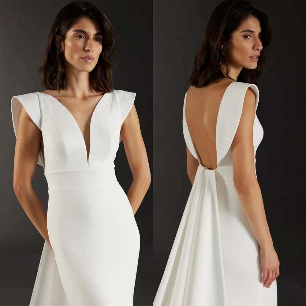 Белое свадебное платье из органзы по индивидуальному заказу, темпераментное свадебное платье с v-образным вырезом и короткими рукавами без рукавов, свадебное платье русалки со шлейфом