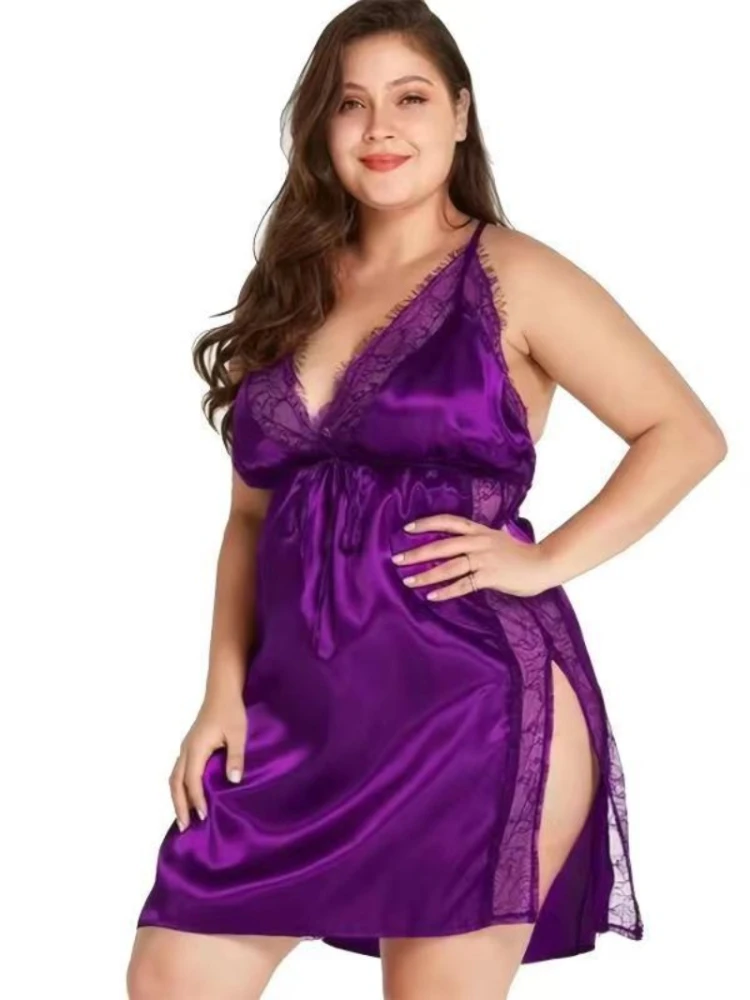 8XL Plus Size Women Sleepwear Sexy Lace Satin Nightgown 150kg Female Slips V Neck Negligee with Adjustable Straps Pajamas 6XL