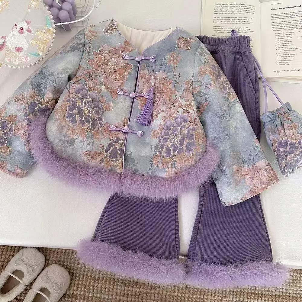 

Girls Thick Clothes Sets Winter 2025 Children Warm Velvet Coats Pants 2pcs Cotton Suit For Baby Fashion Outfits Kids Costume 4Y