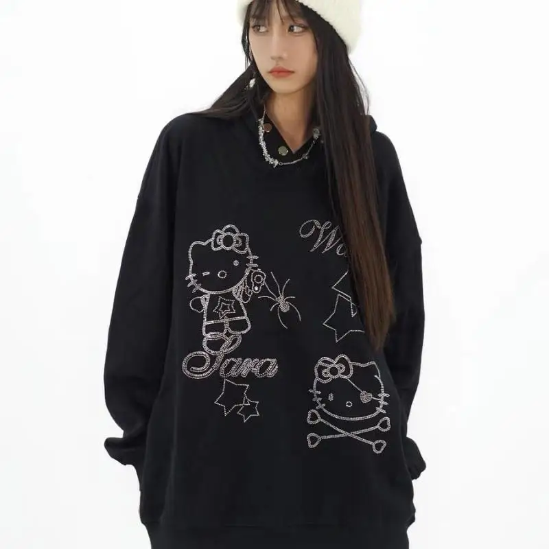 Sanrios American Retro Hello Kittys Hooded Sweatshirts Women Y2K Rhinestones Fashion Long Sleeve Hoodies Casual Female Pullovers