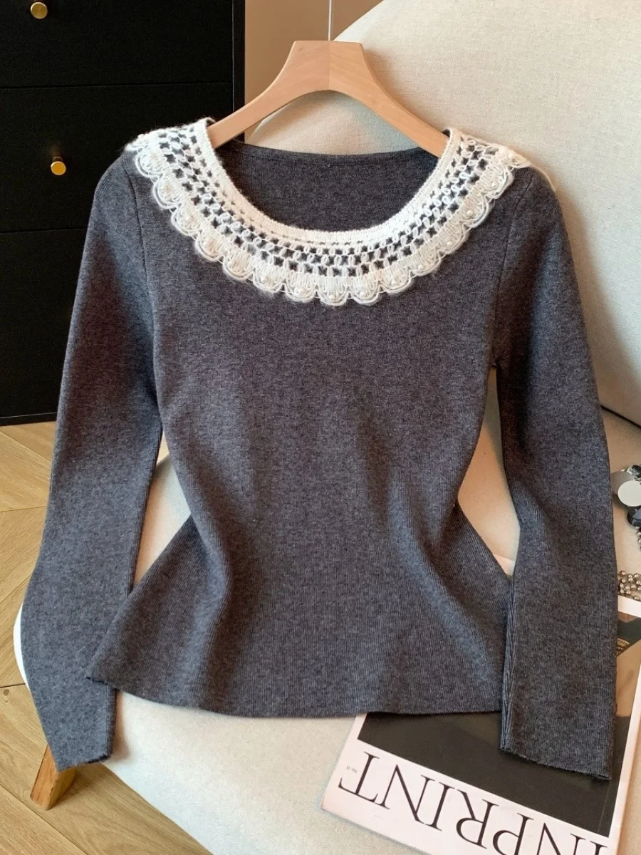 Premium-Design-Strickpullover für Damen, Herbst und Winter, Innenbekleidung, Basisschicht, mit Perlen verziert, Rüschenkragen, selbstklebend