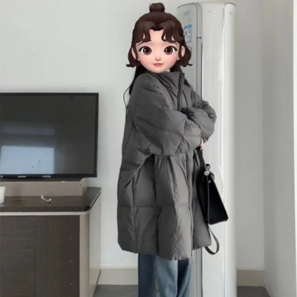 เสื้อโค้ทผ้าฝ้ายบุนวมสไตล์เกาหลีสำหรับผู้หญิง รุ่นใหม่ ความยาวปานกลาง ทรงหลวม คลุมเข่า หนา อินเทรนด์