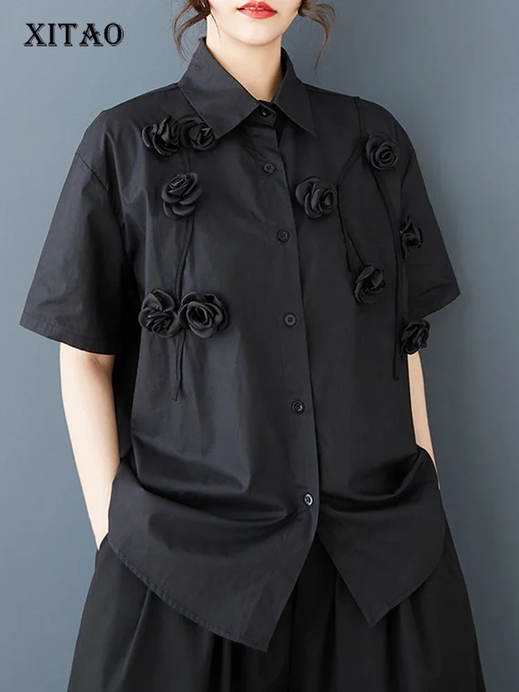 

XITAO Трехмерная лоскутная рубашка, однотонная однобортная свободная блузка с отложным воротником и цветочным принтом, с короткими рукавами HQQ2433