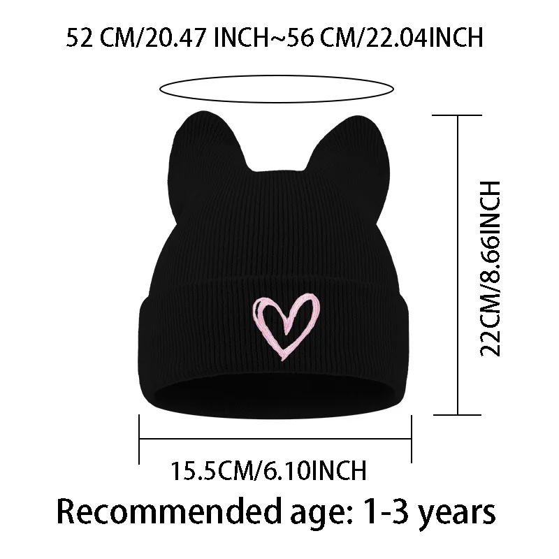 1-3Y Toddler Cat Ear Knit Beanie, Heart Shape Embroidery Kids Winter Hat, Sweet Outdoor Headwear for Toddler