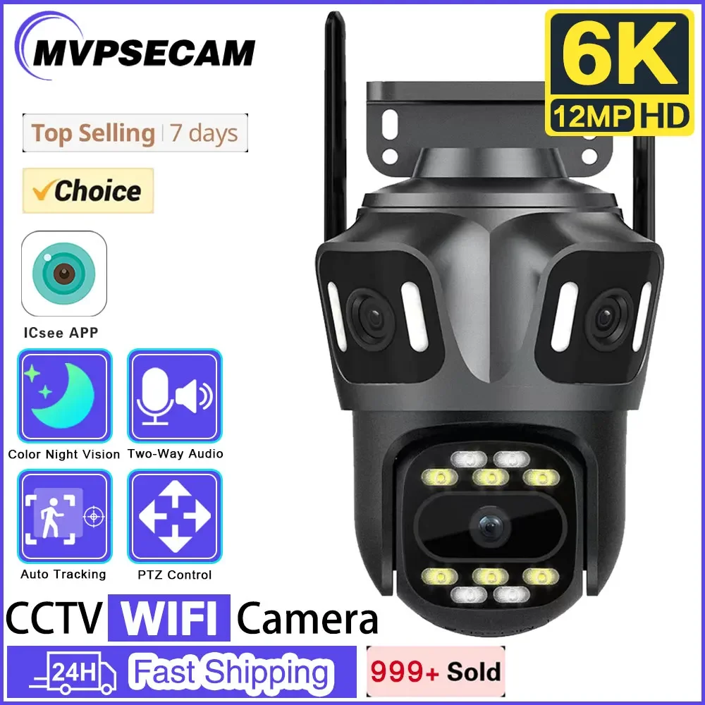 

Outdoor External 6K FHD IP Camera Three Lens WiFi Camera 12MP Dual Screen Auto Tracking Security PTZ Camera Surveillance iCsee