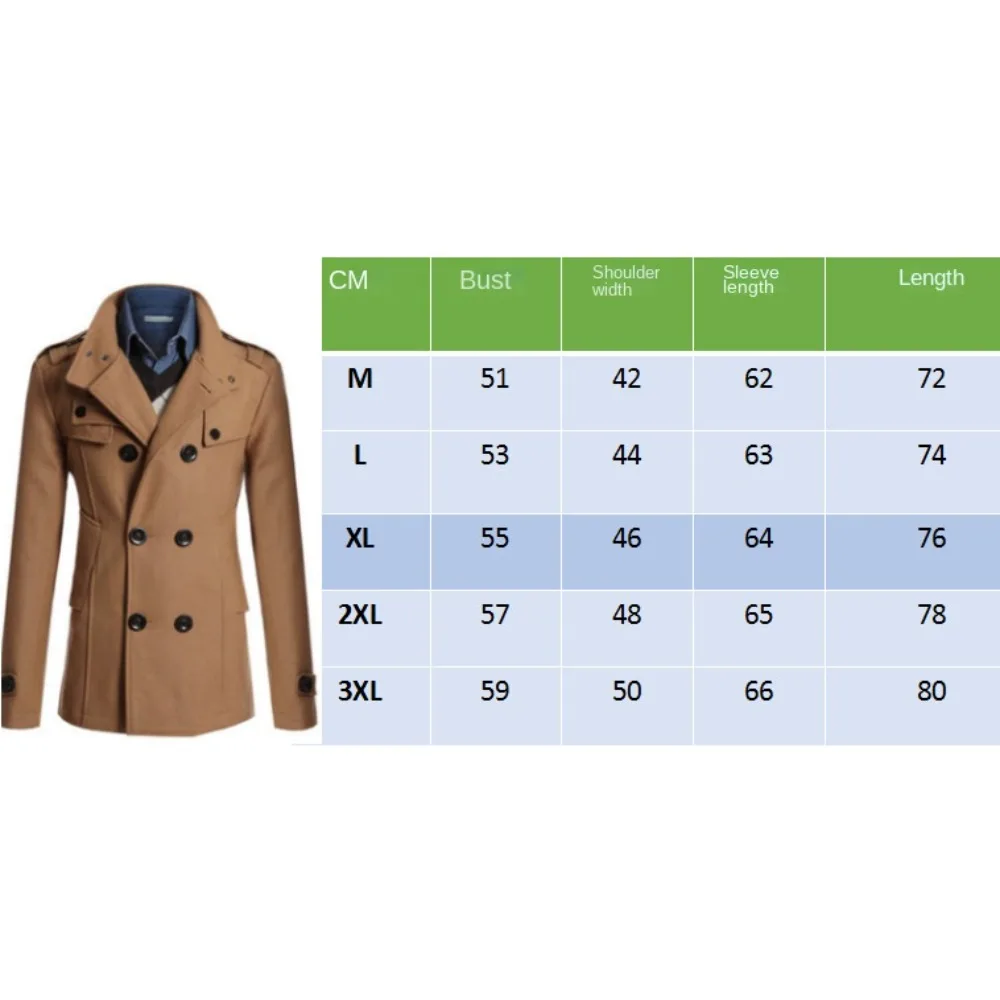 Men\'s Slim Fit Casual Double breasted Mid length New European and American Fashion Long sleeved Woolen Coat Windbreaker Coat