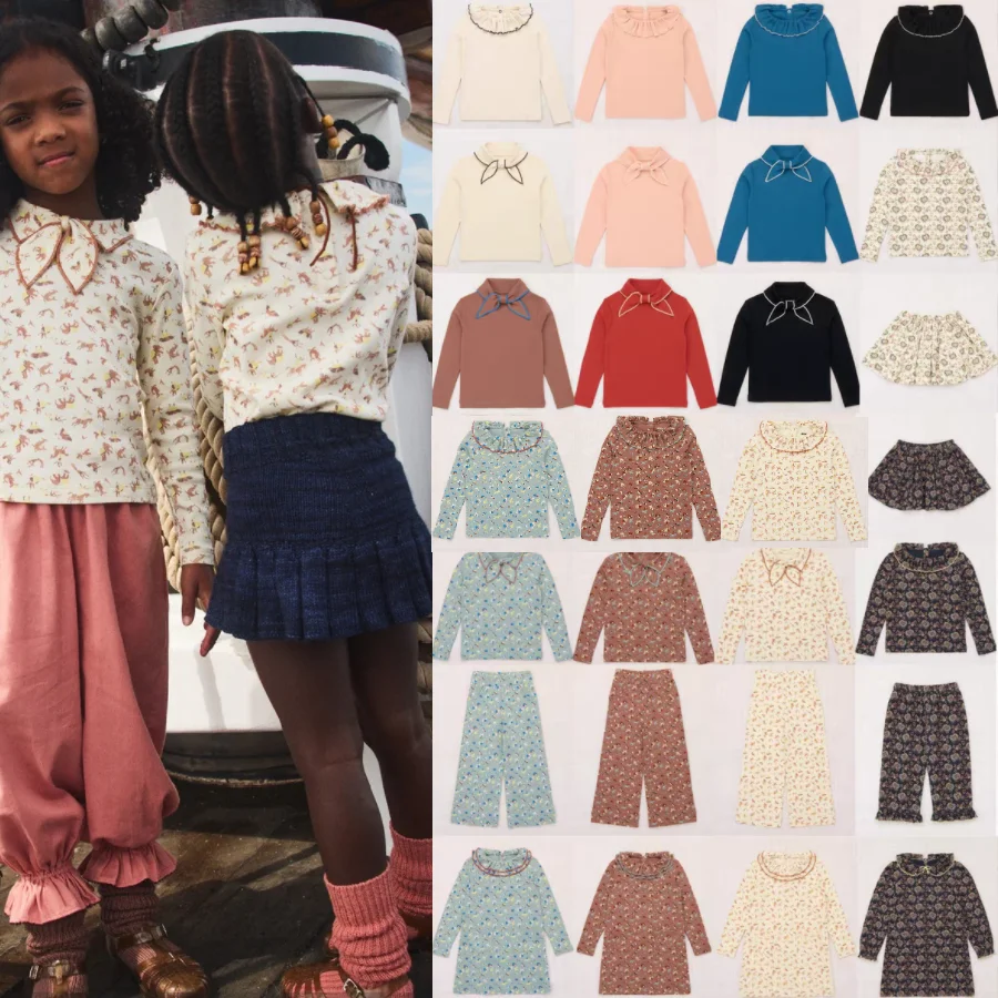 

Girls' Long-Sleeve T-Shirt 2025 Fall/Winter Solid Color Bow-Tie Base Layer Pure Cotton Printed Girls' Dress Children's Clothing
