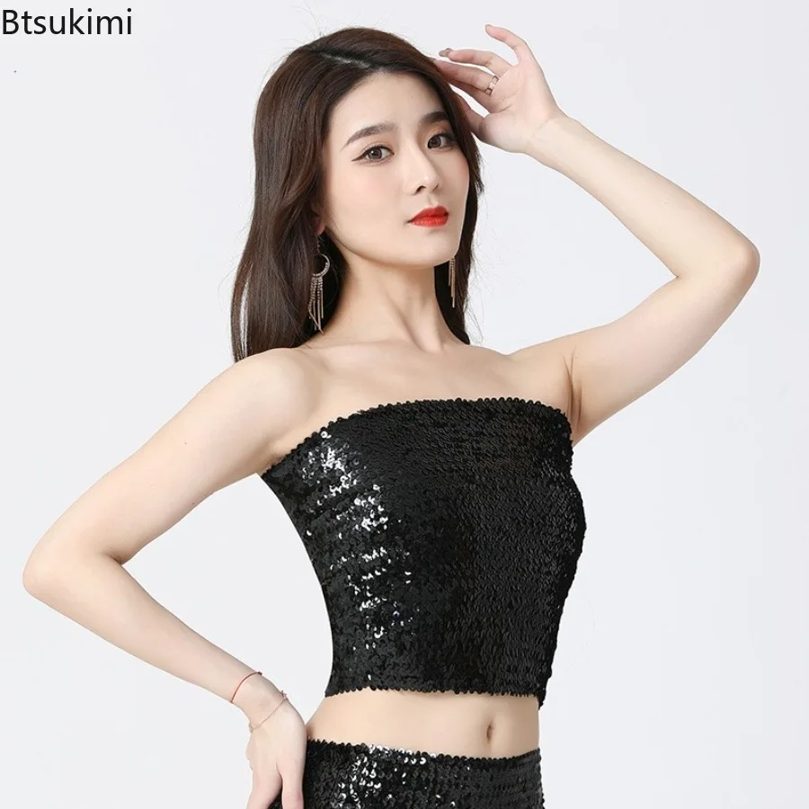 

Сексуальный облегающий топ без бретелек с пайетками для женщин, блестящий эластичный клубный топ-бандо для вечеринок, танцевальный костюм