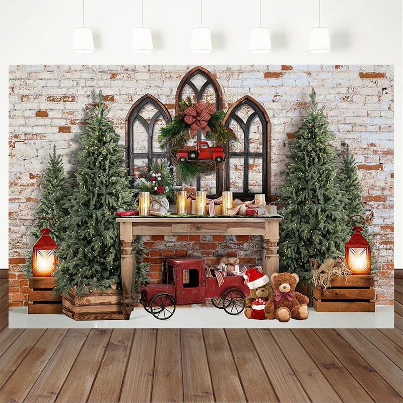 Mocsicka Christmas Decoration Photography Background Xmas Tree House Brick Wall Table Teddy Bear Gifts Backdrop Photobooth Props