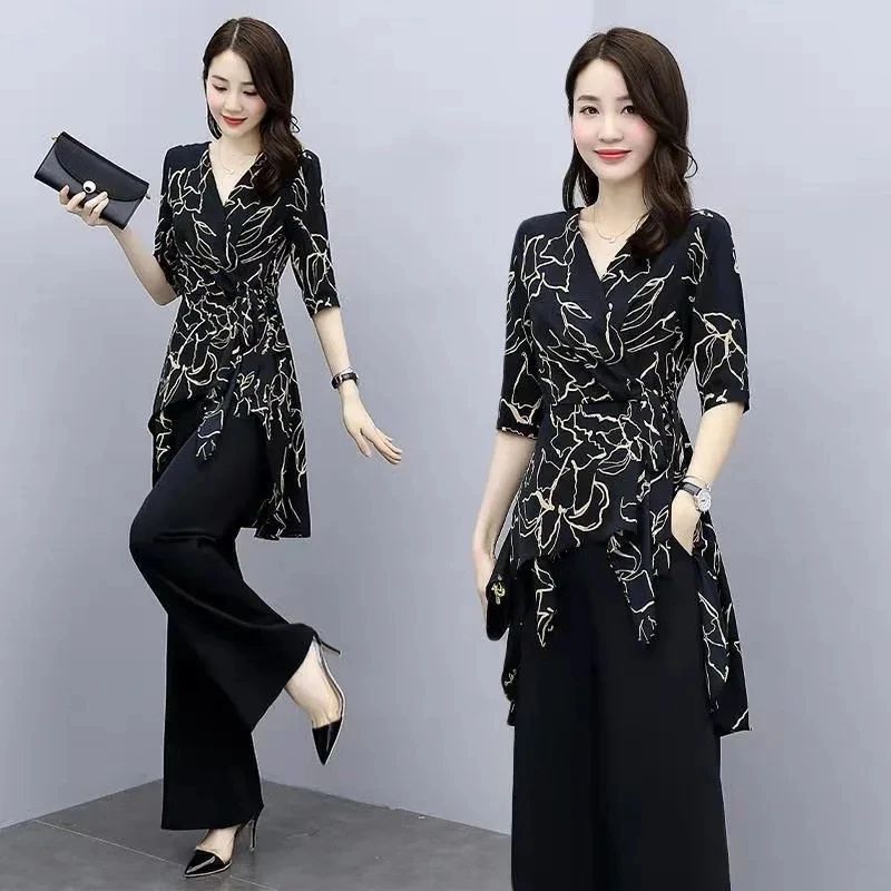 Elegant Print 2 Piece Set Women Outfits Summer Korean Fashion Irregular Blouse + Wide Leg Pant Suit Oversize 4Xl Ensemble Femme