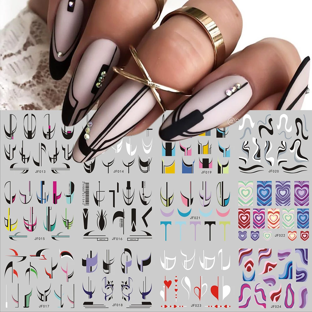 French Tips Stickers Black Geometric Lines Water Transfer Nail Decals Colorful Heart Sliders Full Cover Nail Wraps  GLJF13-24