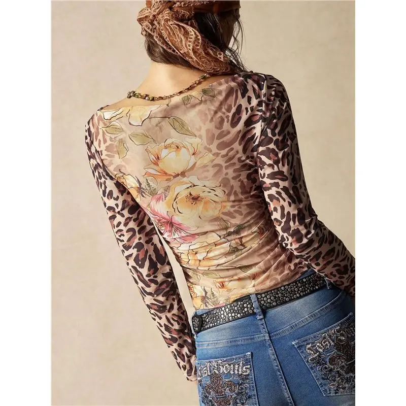 AT33 Damen-Oberteile mit Blumenmuster, schulterfrei, langärmelig, Herbst-Mesh, gerüscht, tailliert, trendige Ausgeh-Hemden, Blusen