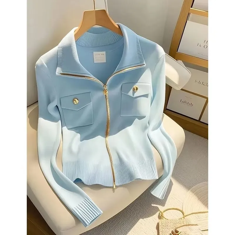 

2025 Spring Autumn Polo Collar Zipper Women's Knitting Cardigan Sweater Jacket Personality Elegant Casual Ladies Sweater Coat