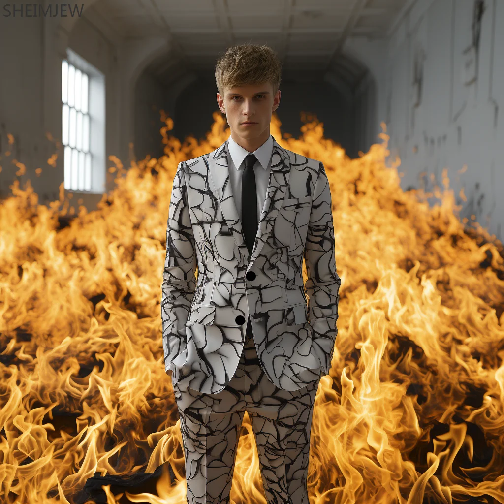 American Irregular Lines Men's Suit Men's Flame Print Suits Casual Party Flower Pattern Suit Jackets And Pants Party Showing Set