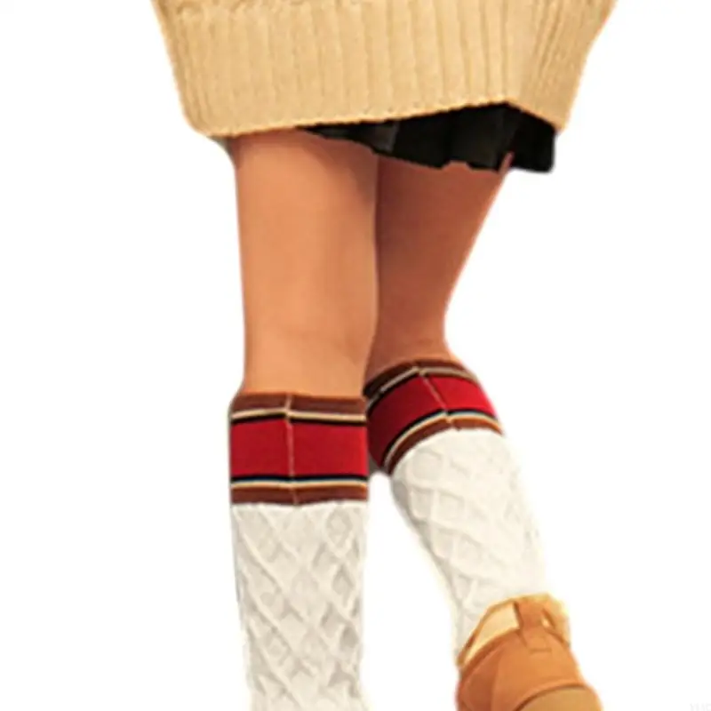 

Y1AC Women Japanese Leg Warmers Winter Warm Harajuku Cable Knit Snow Boot Socks Colorblock Striped Loose Slouch Leg Covers